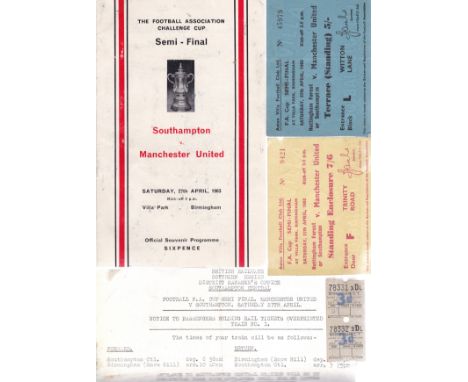 CUP SEMI-FINAL 62-63 Programme and two tickets for Cup Semi-Final, Southampton v Manchester United 27/4/63 at Villa Park plus