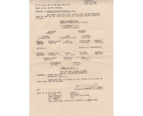 WARTIME FOOTBALL    Teamsheet issued by HQ Sport 1/Wilts Reg for a game between 1st Battalion Wiltshire Regiment and Tommy Wa