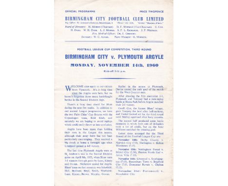 BIRMINGHAM - PLYMOUTH 1960 LEAGUE CUP   Scarce Birmingham City four page home programme v Plymouth Argyle, League Cup, 14/11/