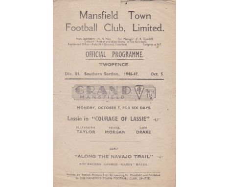 MANSFIELD - QPR 46-7  Mansfield home programme v QPR, 5/10/47, Rangers won 3-0. Folds, slightly worn, pencil change.  Fair-ge