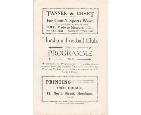 HORSHAM V LEWES 1931       Programme for the match at Horsham 11/4/1931. Professional tape repair on the inside of the spine 