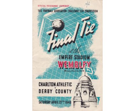 1946 FA CUP FINAL   Official programme Charlton v Derby, 46 Cup Final, slight fold, very minor creasing, no writing except fo
