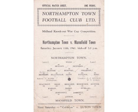 NORTHAMPTON - MANSFIELD 1941    Single sheet Northampton home programme v Mansfield, 11/1/41, Midland Knock-Out War Cup Compe