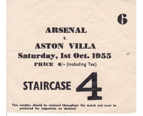 ARSENAL TICKET   Ticket stub Arsenal v Aston Villa 1st October 1955. Light folds otherwise generally good.   As described