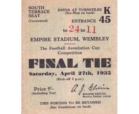 1935 CUP FINAL  Match ticket 1935 Cup Final, Shef Wed v West Brom, South Terrace Seat.  Good