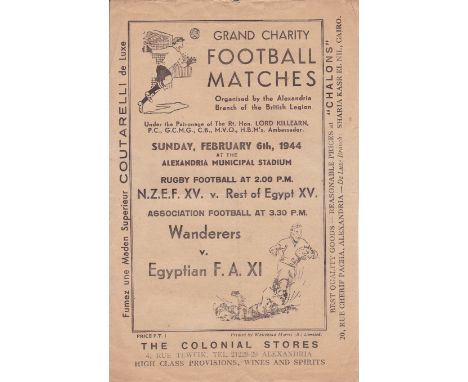 WARTIME    Programme for football at the Alexandria Stadium, Egypt , 6/2/44, covers two games , Football , Wanderers v Egypti