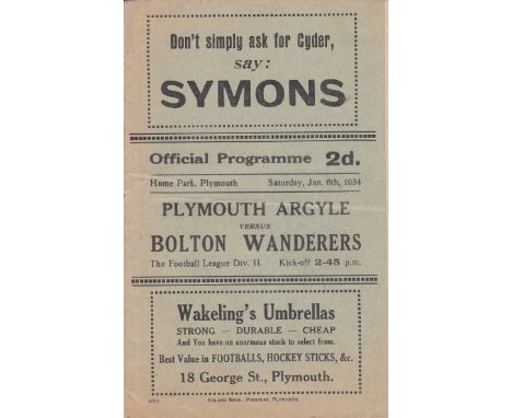 PLYMOUTH - BOLTON 1934   Plymouth home programme v Bolton, 6/1/1934, Division 2, slight fold, pencil scorers noted.  Generall