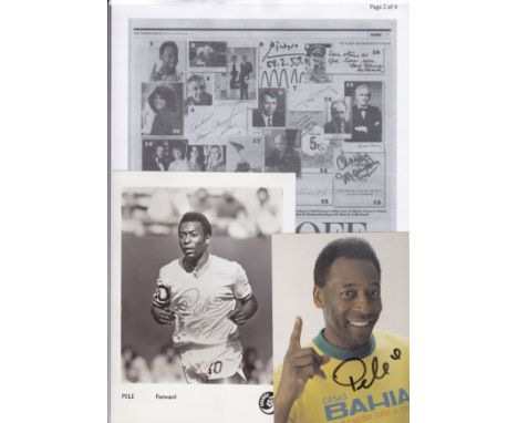PELE    Two signed pictures of Pele, one a colour postcard sized picture signed in black marker, the other shows Pele playing