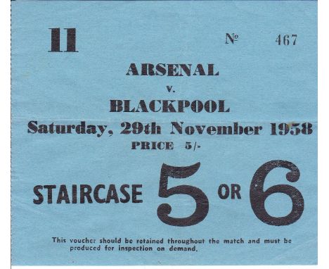 ARSENAL TICKET   Ticket Arsenal v Blackpool 29th November 1958. Light folds.   Generally goo