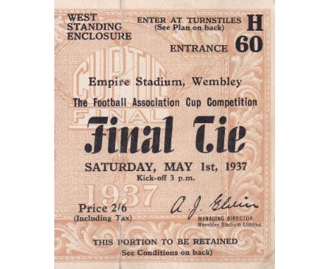 1937 CUP FINAL Ticket for the Final, Preston v Sunderland, West Standing, fold.  Fair-generally good