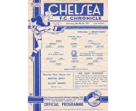 CHELSEA / BRENTFORD       Single sheet programme Chelsea v Brentford Football League War Cup 8th March 1941. Very low crowds 