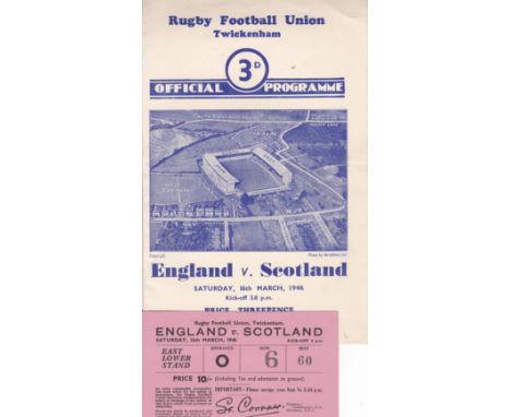 RUGBY UNION 1946   Programme and match seat ticket for England v Scotland, 16/3/46, Victory International played at Twickenha