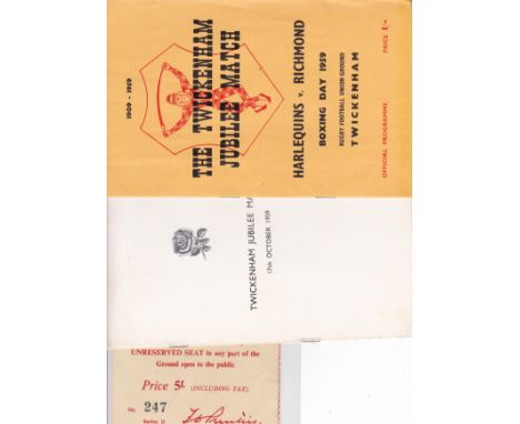 RUGBY-TWICKENHAM 1959   Programme, booklet and ticket relating to the Twickenham 50th  Anniversary Jubilee, 1909-1959. Progra