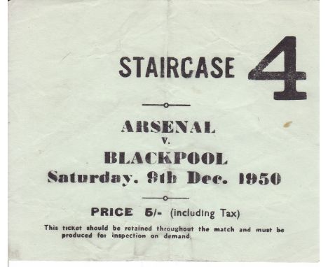 ARSENAL TICKET   Ticket stub Arsenal v Blackpool December 9th 1950. Light horizontal fold otherwise generally good.   As desc