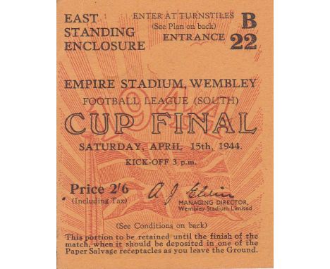 1944 WAR CUP FINAL SOUTH       A ticket for Charlton Athletic v. Chelsea at Wembley 15/4/1944. Entrance B 22 price 2/6.    Go