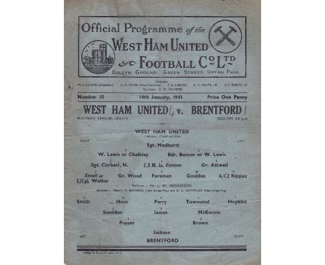 WEST HAM UNITED      Single sheet home programme v. Brentford 16/1/1943, creased, ageing marks and pencil score.   Fair to ge