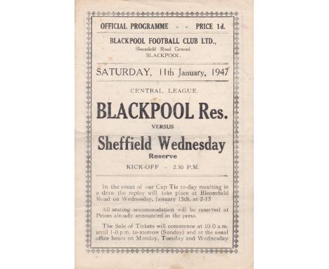 BLACKPOOL/SHEFF WED   Programme Blackpool Reserves v Sheffield Wednesday Reserves 11th January 1947. 4 Page. Score/scorers in