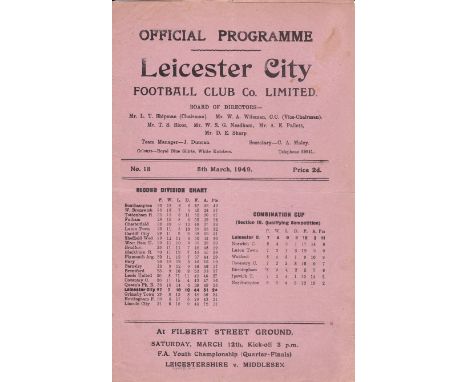 LEICESTER - LUTON  48/9   Leicester home programme v Luton, 5/3/49, slight fold.  Good