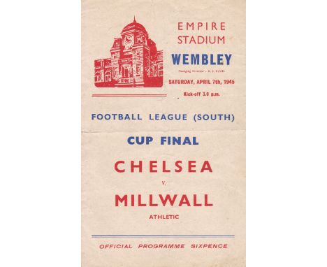 WAR CUP SOUTH FINAL 1945   Official programme, War Cup South, Chelsea v Millwall, 7/4/45 at Wembley. Chelsea won 2-0. Slight 