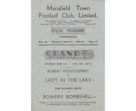 MANSFIELD - BRISTOL CITY 46-7  Mansfield home programme v Bristol City, 17/5/47, Mansfield lost 3-1 in their last home game o