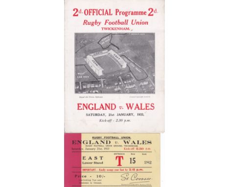 RUGBY- ENGLAND v WALES 1933   Official programme and match seat ticket, England v Wales 21/1/1933, slight fold to programme, 