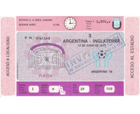 ARGENTINA - ENGLAND 1977   Ticket for Argentina v England, 12/6/77 in Buenos Aires, ticket issued to British photographer Mon