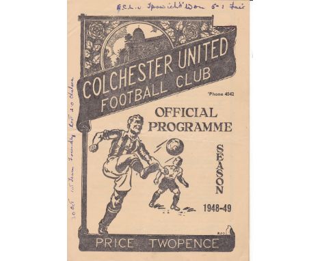 COLCHESTER / IPSWICH   Programme Colchester United v Ipswich Town "A" Eastern Counties League 23rd October 1948 . 4 Page. Wri
