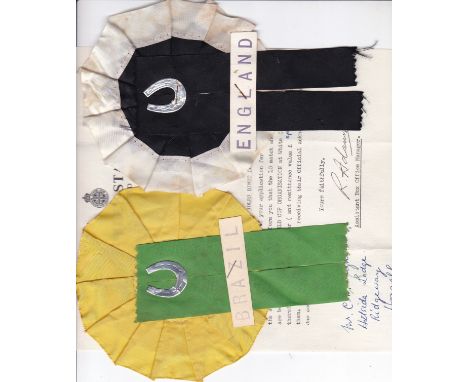 1966 WORLD CUP / 2 ROSETTES       An official Wembley Stadium letter acknowledging receipt of a ticket application and rosett