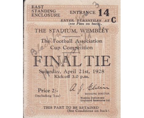 1928 CUP FINAL   Match ticket for the 1928 Cup Final, Blackburn v Huddersfield, standing ticket, score written on front faint