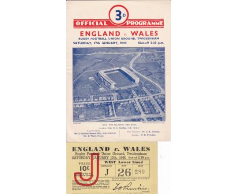 RUGBY ENGLAND - WALES 1948   Programme and ticket, England v Wales, 17/1/48 at Twickenham. The match ended in a 3-3 draw. Sli