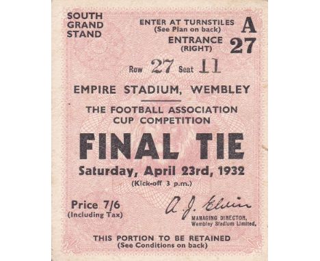 1932 CUP FINAL  Match ticket South Grand Stand seat, 1932 Final, Arsenal v Newcastle.  Generally good