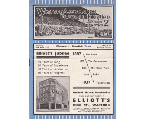 WATFORD - MANSFIELD 1938   Watford home programme v Mansfield, 30/4/1938, 2-0 victory for Watford as they chased promotion wh