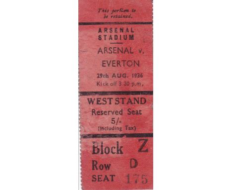 ARSENAL TICKET   Ticket stub Arsenal v Everton August 29th 1936. Light horizontal fold otherwise generally good.   As describ
