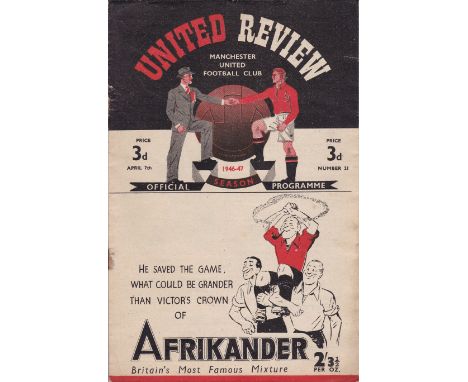MANCHESTER UTD    Programme Manchester Utd v Leeds 7 Apr 1947. Rusty staples, score / scorers, team changes.    Fair-generall