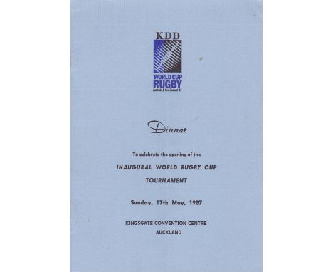 RUGBY WORLD CUP 1987   Scarce Dinner Menu , 17/5/87, at Kingsgate Convention Centre, Auckland , New Zealand to celebrate the 