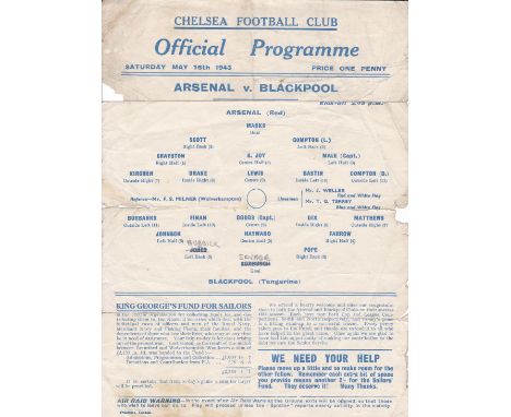 NORTH-SOUTH 1943  Chelsea single sheet programme, Arsenal v Blackpool , 15/5/43 at Stamford Bridge, Winners of War Cup South 