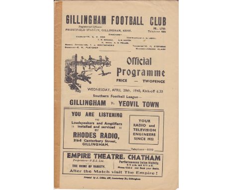 GILLINGHAM 47/8   Home programme v Yeovil, 28/4/48, Southern League, tape along spine which is partly split.   Fair