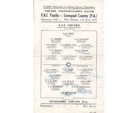 FA IRELAND - LIVERPOOL 1952   Scarce single sheet programme, F.A.Ireland Youths v Liverpool County F.A.Youths, 2/6/52 at Daly