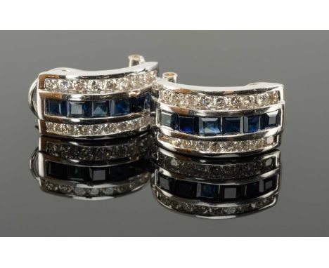 PAIR OF 18K WHITE GOLD SAPPHIRE & DIAMOND HALF HOOP EARRINGS, stamped '18K' and '750', 8.7gms gross (2)Provenance: private co