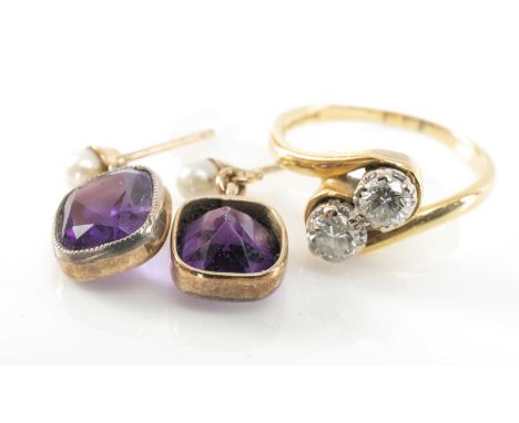 18CT GOLD TWO STONE DIAMOND RING, twist shank, claw set, 0.4cts overall approx., together with pair of yellow metal amethyst 