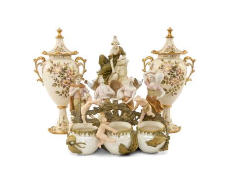 ASSORTED CONTINENTAL PORCELAIN including five Royal Dux porcelain figures, Vienna porcelain triple bowl, pair of blush ivory 