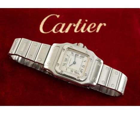 CARTIER SANTOS LADIES STAINLESS STEEL WRISTWATCH, Ref. 1565, the signed square dial with Roman numerals and secret signature 