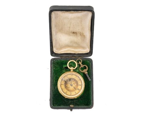 18K GOLD OPEN FACE POCKET WATCH, overall scroll and foliate engraved, Roman numeral chapter ring, 39.9gms, in fitted box with
