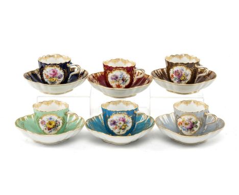 GOOD SET OF SIX MEISSEN PORCELAIN QUATREFOIL CABINET CUPS & STANDS, en suite to the previous lot, in an array of colourways i