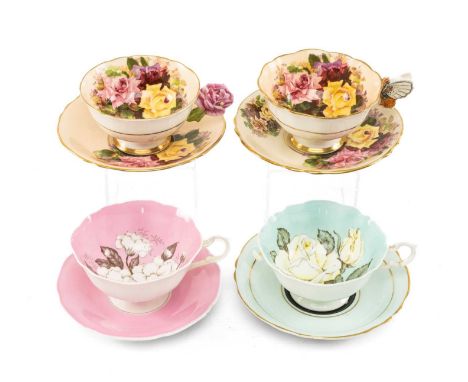 FOUR PARAGON BONE CHINA CABINET CUPS & SAUCERS comprising, two cups and saucers with peach background, decorated with pink, y