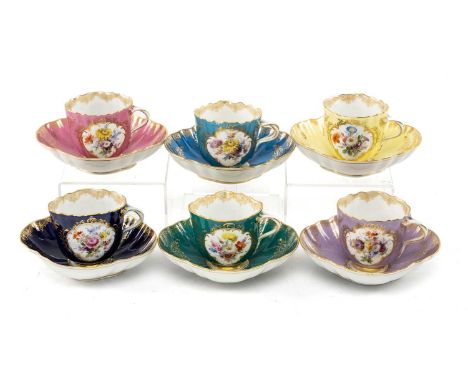 GOOD SET OF SIX MEISSEN PORCELAIN QUATREFOIL CABINET CUPS & STANDS, en suite to the following lot, in an array of colourways 