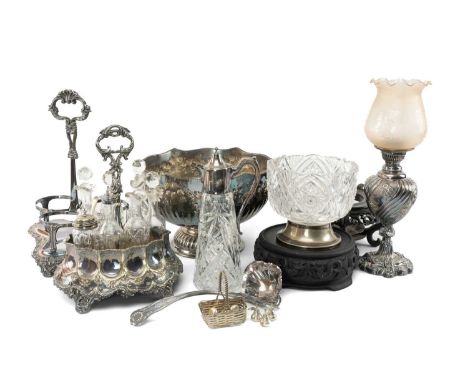 ASSORTED SILVER PLATE including cruet stand associated glass bottles, punch bowl, claret jug, oil lamp, three bottle decanter