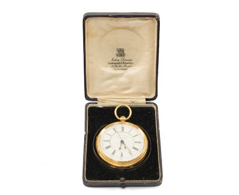 18CT GOLD KEYLESS WIND CHRONOGRAPH POCKET WATCH, the stepped white enamel dial with Roman numerals, minute track and outer sc