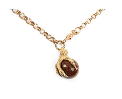 9CT GOLD CIRCLE LINK CHAIN with 9ct gold Hand of God eagle's claw goldstone fob, 80cms long, 24.6gms grossProvenance: private