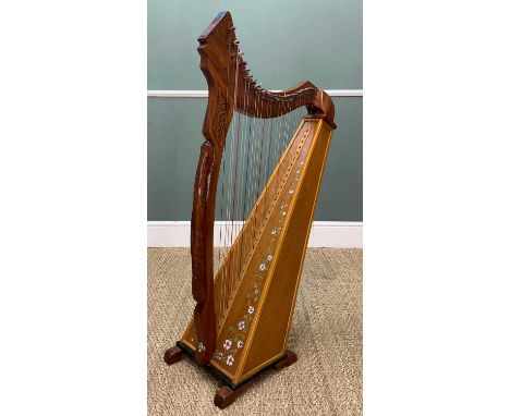 VINTAGE IRISH CLARSACH OR CELTIC FOLK HARP of traditional triangular form, painted with flowers and foliage, carved details, 